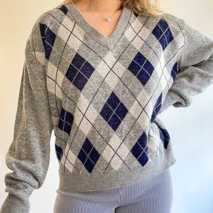 CLUB ROOM argyle pattern merino wool blend V-neck unisex sweater vintage SMALL